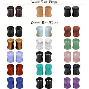 Wood Mixed Stone Ear Plugs Gauges Double Flared Stretching, 18 Pairs, 00g-14mm